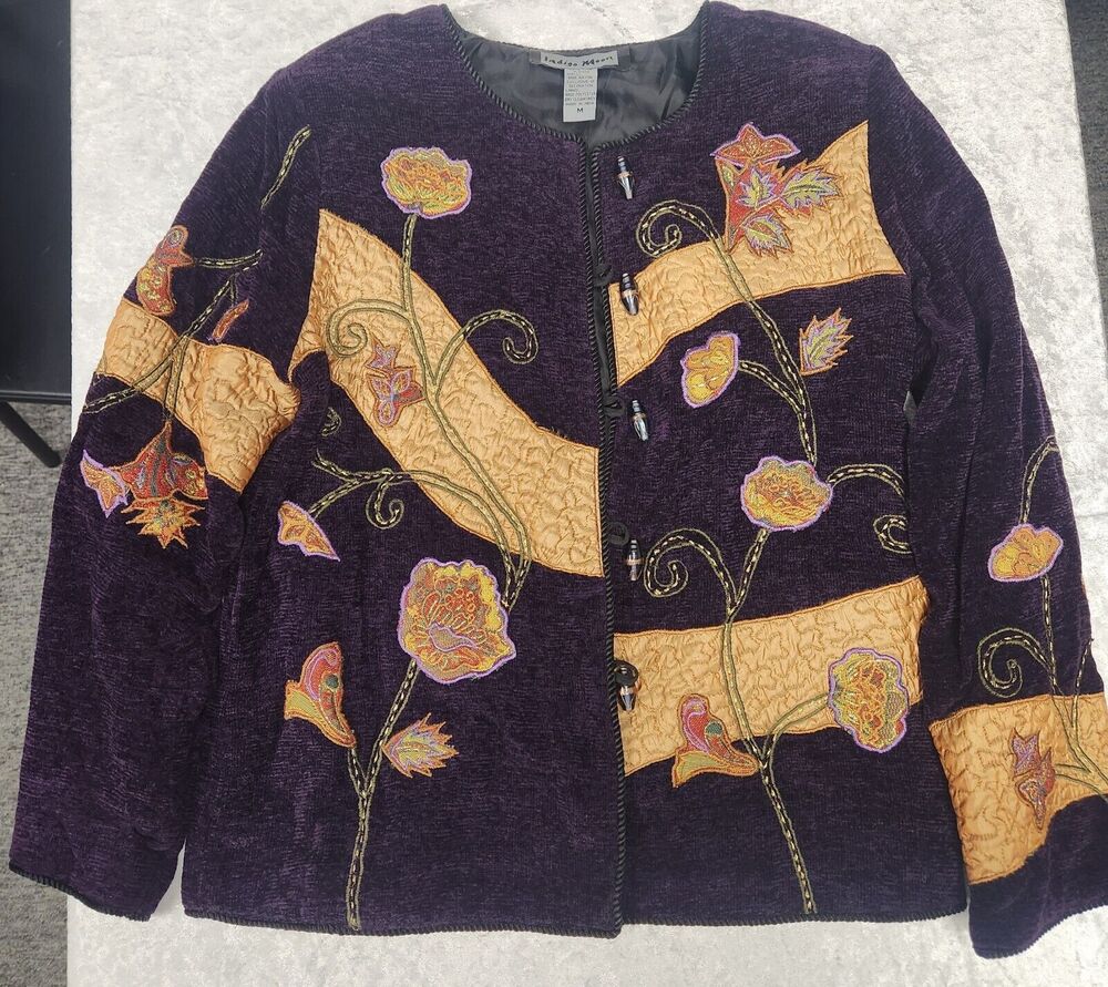 Indigo Moon Womens Purple & Gold Applique Floral Embroidered Jacket-Size Medium